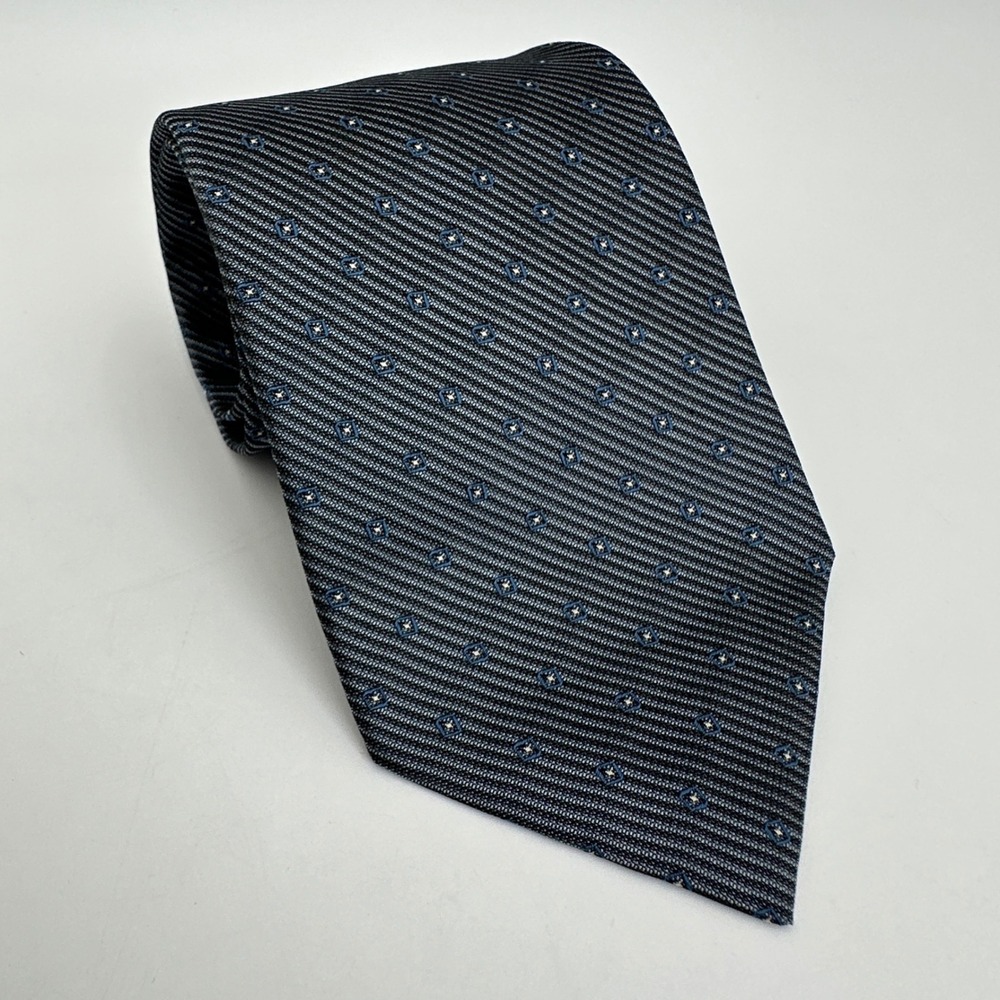 RBM Collection Necktie Mens Shiny Charcoal Grey Blue Geometric Silk Made in USA